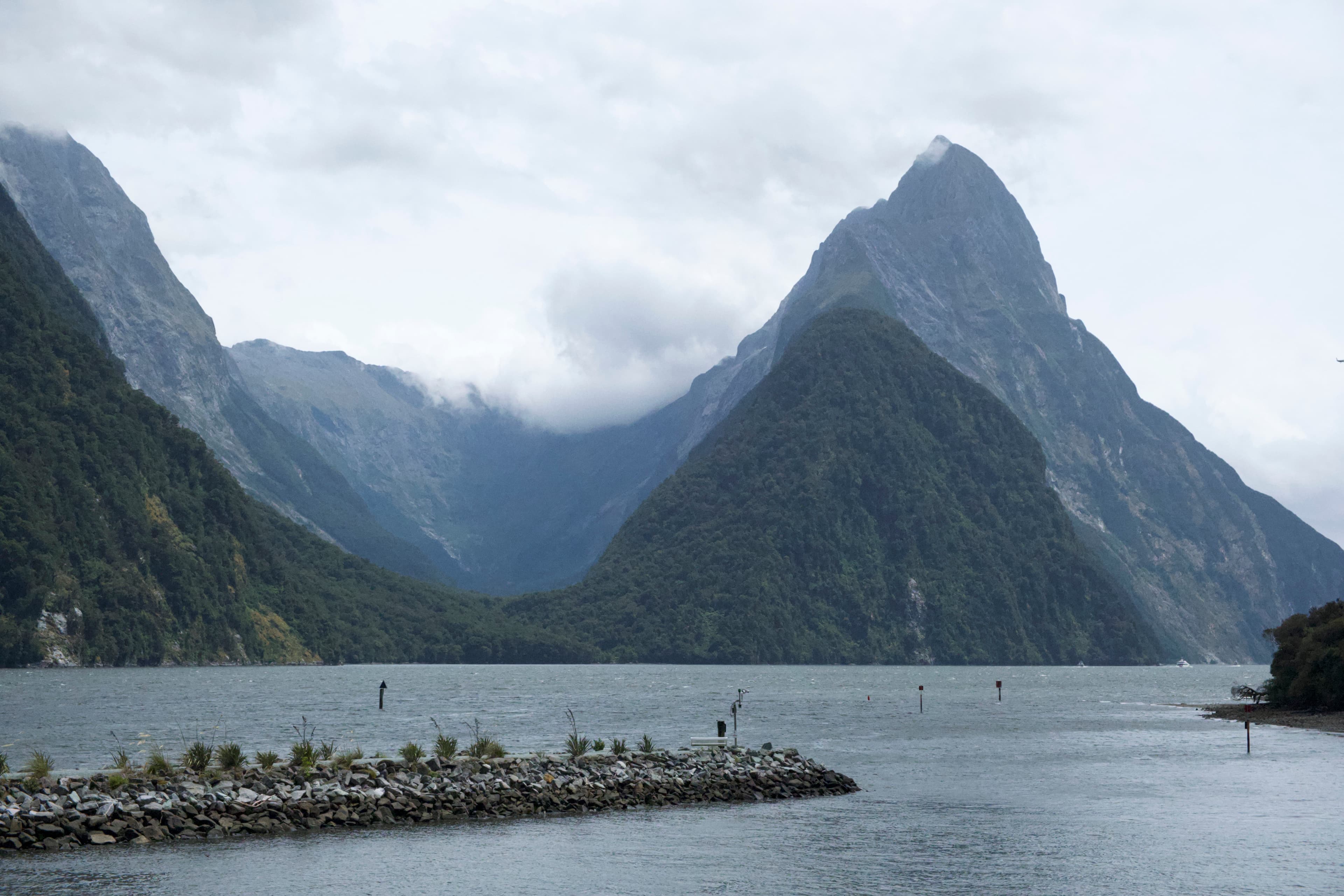 Mitre Peak rising above Milford Sound, Fiordland