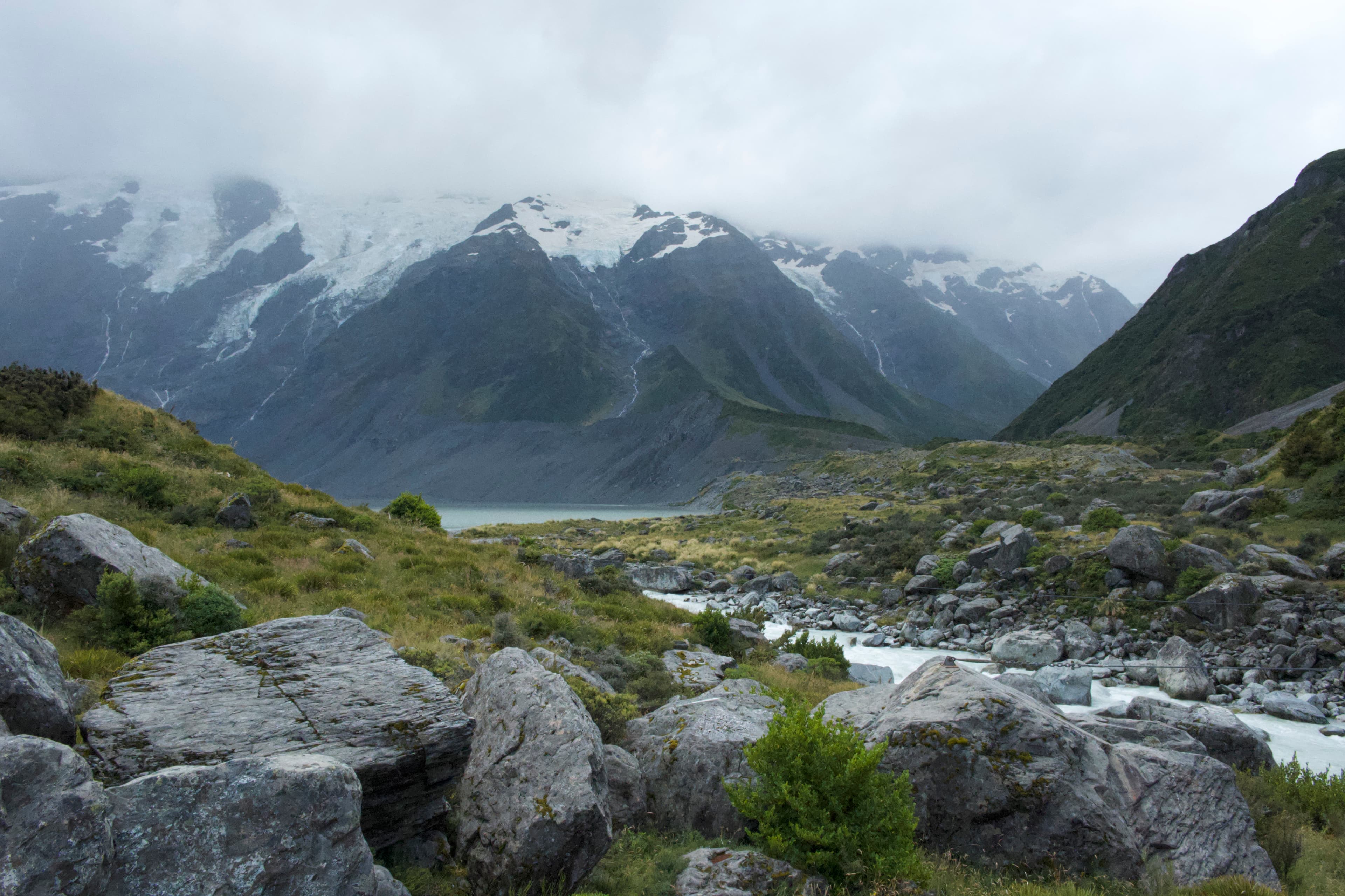 Valley floor leading toward Aoraki Mount Cook, New Zealand